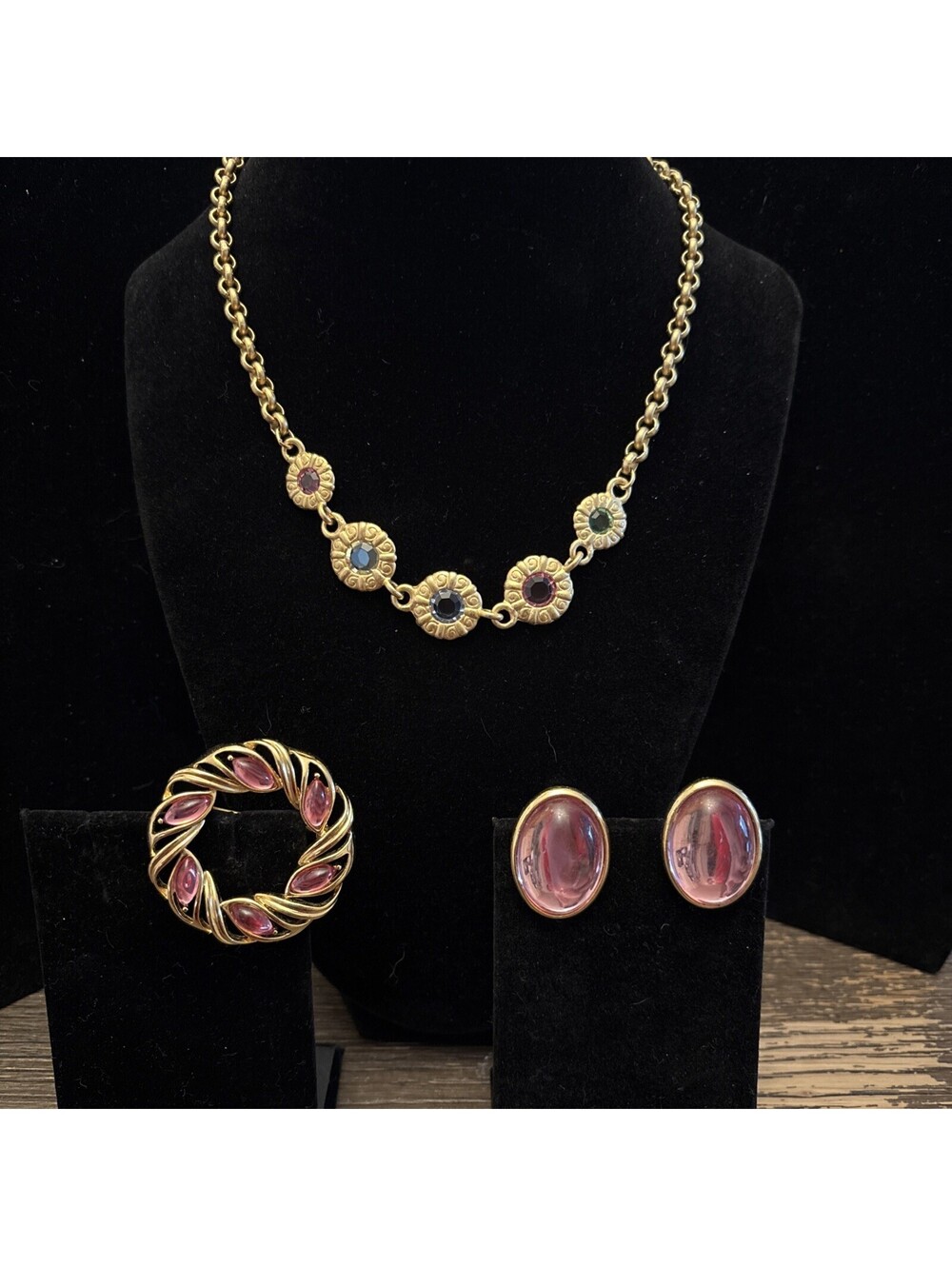Trifari pink jelly belly earrings Trifari Jelly brooch & Liz Claiborne Necklace